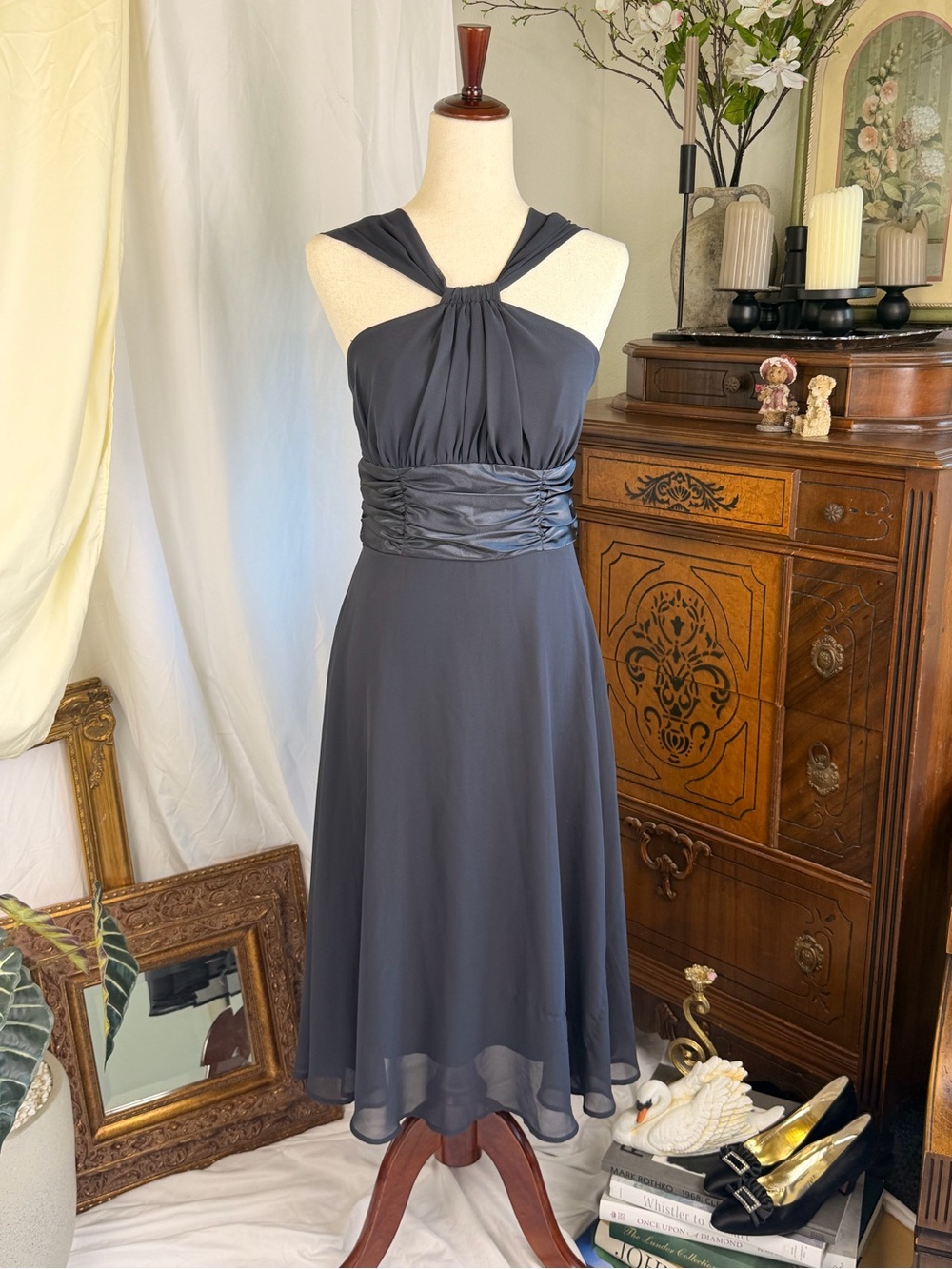 Connected Apparel - Prom Cocktail Goth Y2K Elegant Charcoal Halter Midi Dress